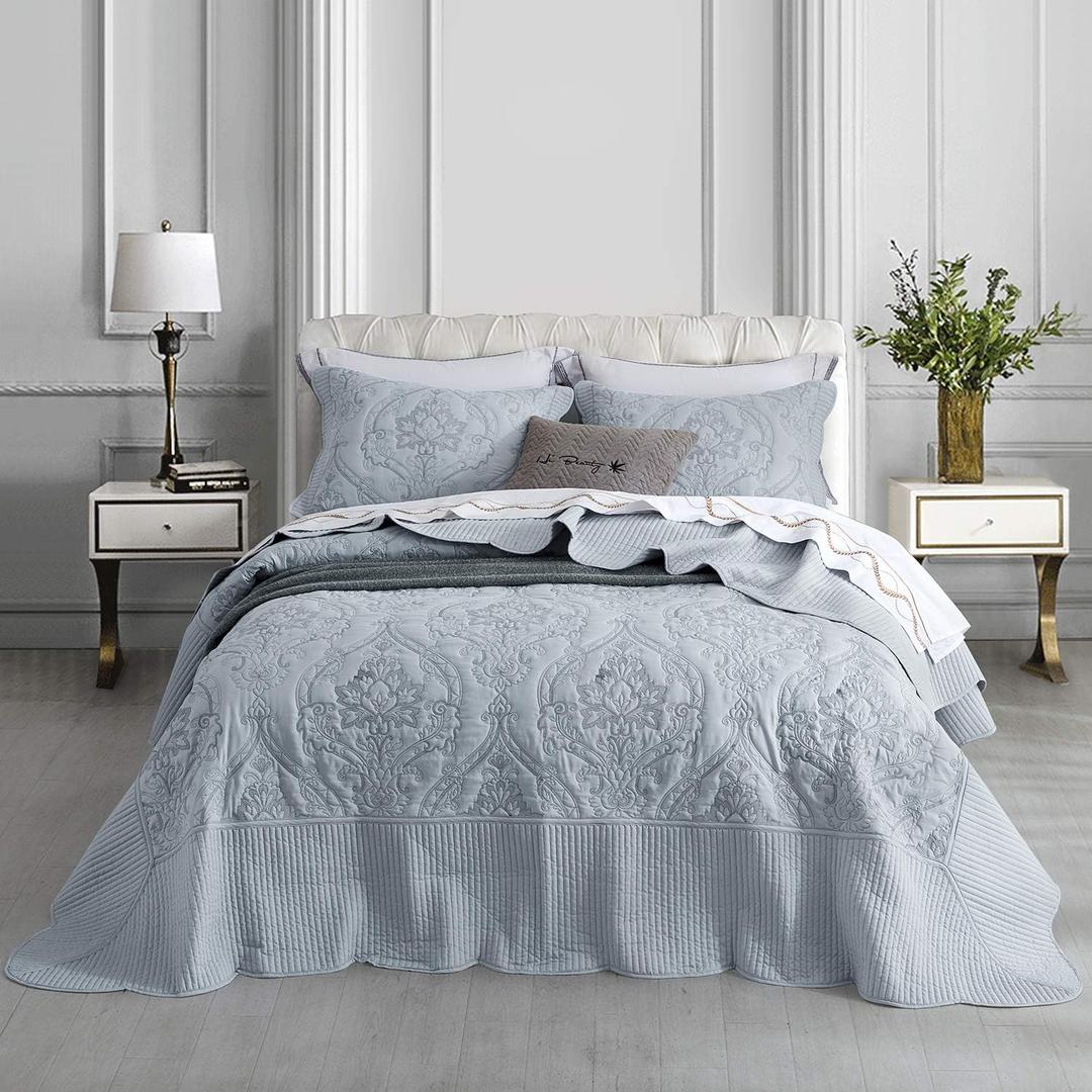 CHIXIN Oversized Bedspread Coverlet Set King Size - Lightweight Bedding Cover - Beautiful Stitching - 5 Piece Reversible Bedspread - Gorgeous Damask Paisley Pattern (King, Light Grey) (King/Cal King(120"x118"))