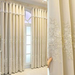 Amidoudou 1 Pair European Double Layer Curtains Luxury Flower Embroidered Curtains for Living Room Bedroom (Beige,52x120 Inch)