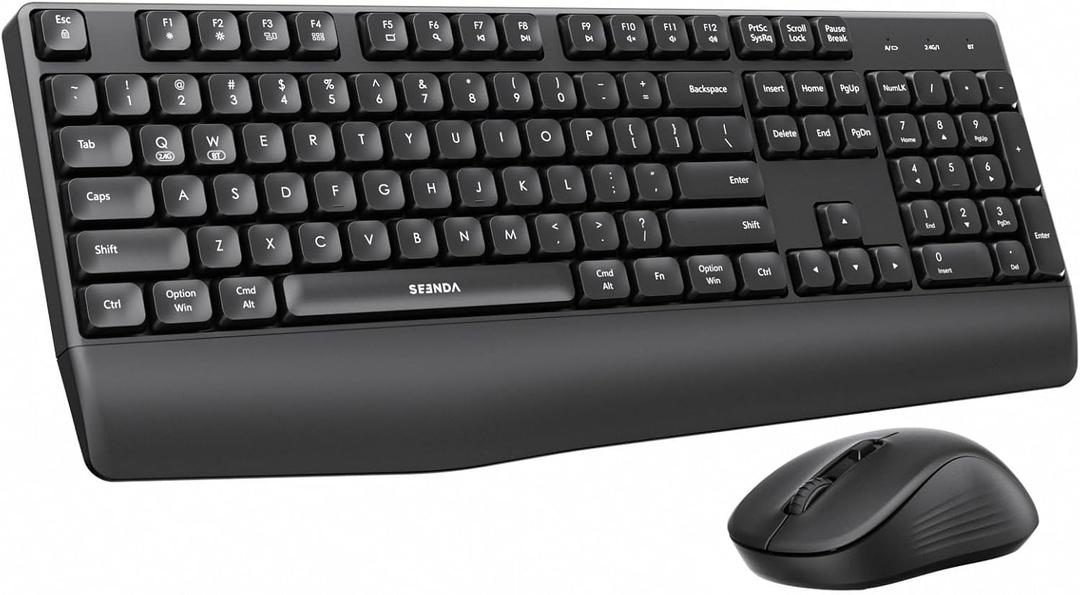 seenda Wireless Bluetooth Keyboard Mouse Combo, COE200 Ergonomic Keyboard with Wrist Rest, Silent Mouse, Multi-Device Connection, Full-Size Compatible for Windows PC Laptop Mac MacBook, Black