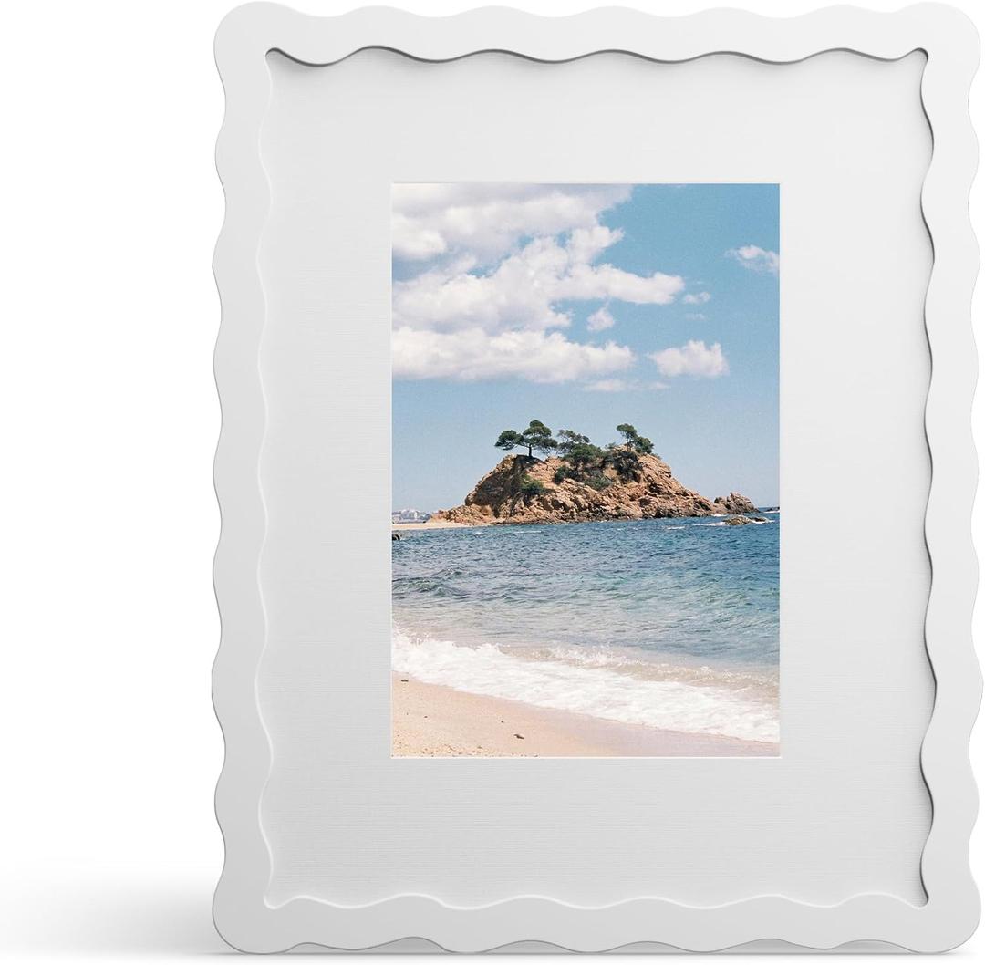 8x10 Picture Frame with Mat for 5x7, Wavy Edge Wooden Real Glass Photo Frame for Tabletop and Wall Hanging, White, 1 Pack