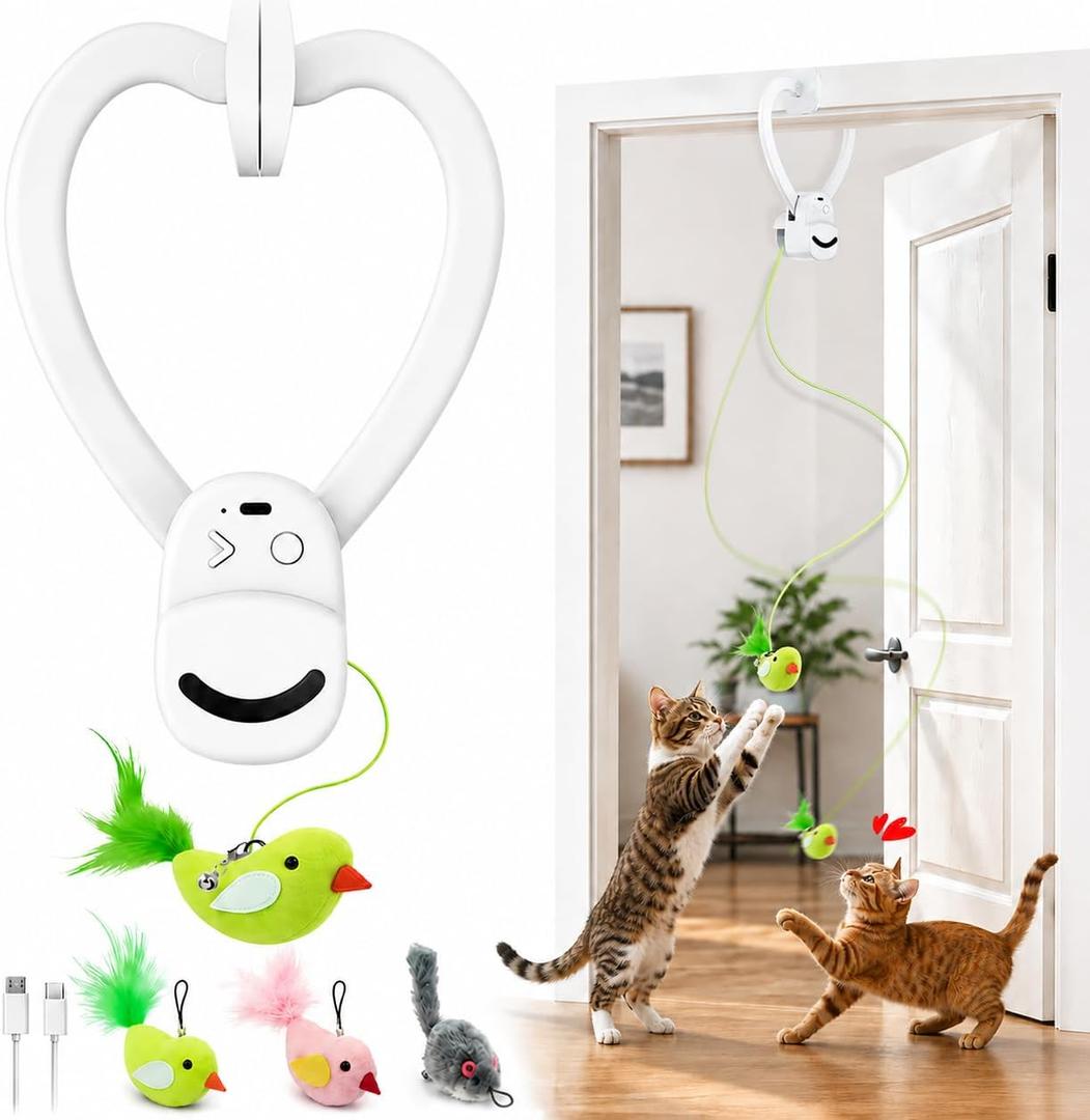Interactive Cat Toys for Indoor Cats: Automatic Flying Bird Feather Wand Chase Exercise Enrichment Stimulation, USB Rechargeable Durable Safe Hanging Toy for Bored Kittens Adult Multi Cat Households (White)