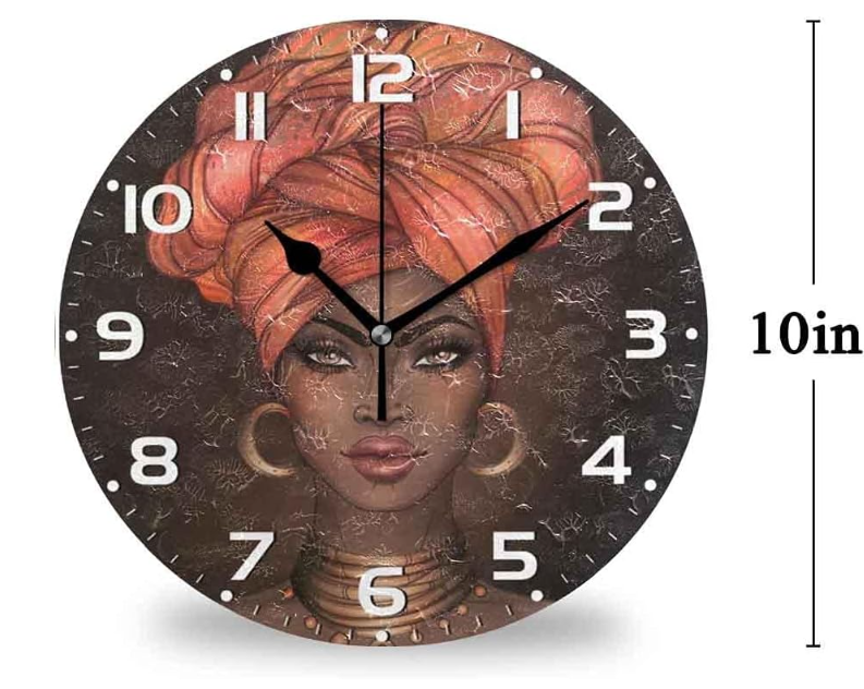 Africa Women 10 Inch Battery Operated Round Quartz Analog Quiet Desk Clock for Home,Office,School 