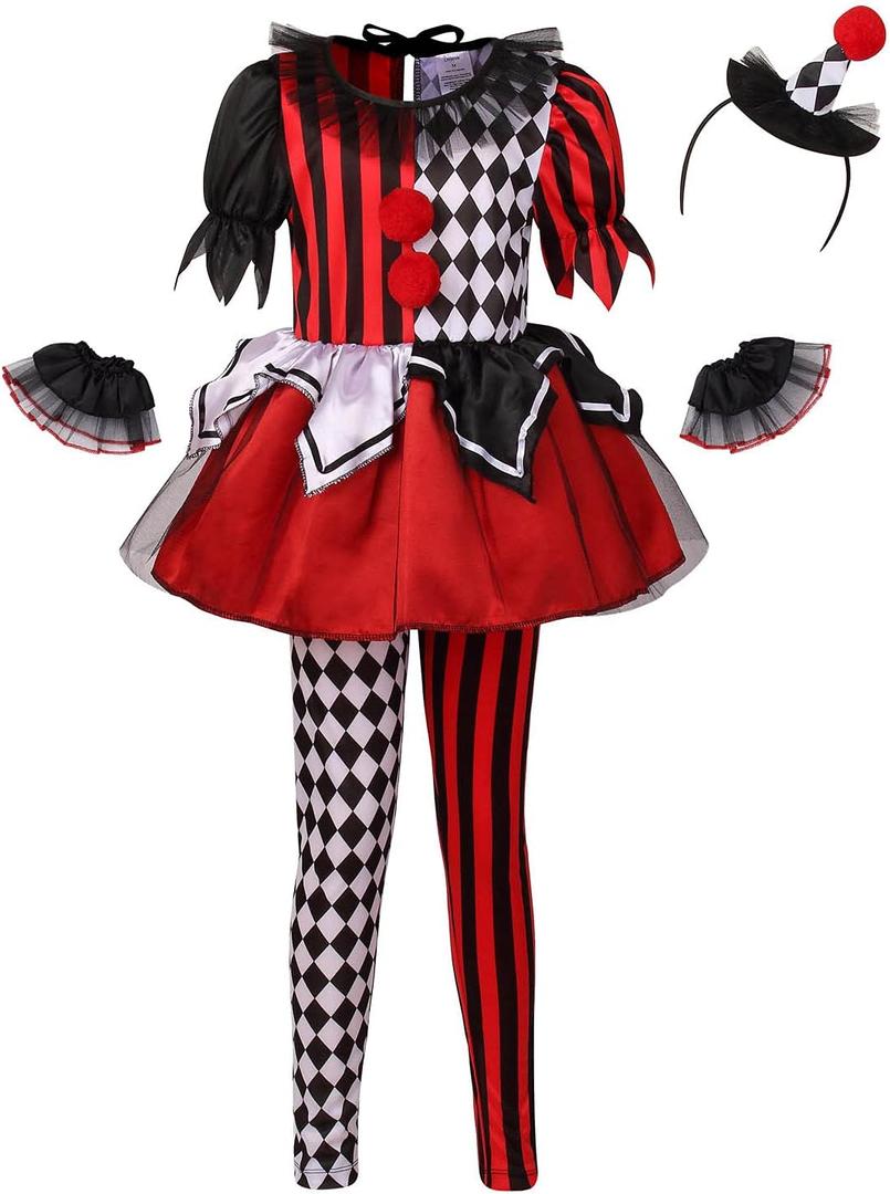 LMYOVE Girls Clown Costume, Halloween Dress Up for Kids (Large, Red&black)