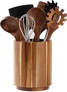 LOHONER Acacia Wood Utensil Holder for Kitchen Counter, 360° Rotating 7.2" Wooden Cooking Utensil Crock for Countertop, Farmhouse Kitchen Decor