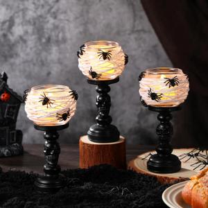 Geelin 3 Pcs Skull Tealight Candle Holder for Halloween Decoration Resin Gothic Skeleton Candlestick Holders Black Retro Spooky Desktop Decor for Halloween Fireplace Home Office Dining Party