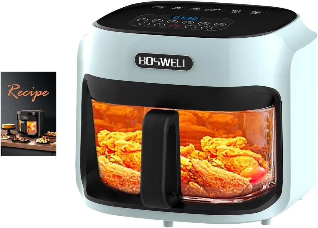 BOSWELL 7.5 QT Large Glass Air Fryer, 6-1 Preset Cook Modes | Transparent Fry Bowl, Green, Circulating Heating & Temperature Control, Steak, Fries, Bake,Chicken, Dishwasher Safe