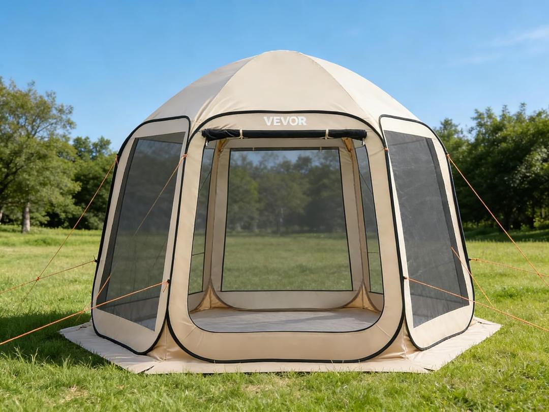 Pop Up Screen House Tent VEVOR 10 x 9.2 FT Pop-Up Screen Room with Awning, Portable Screen Tent Gazebo for 48 Person, Instant Screen Canopy with Carry Bag for Patio Backyard Camping, 10x9.2x7.55 FT