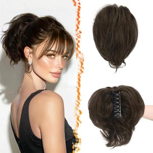 BARSDAR Short Claw Clip Human Hair Ponytail Extension - 8 Inch Real Human Hair Dark Brown Messy Bun Hairpieces for Women - Thick Natural DIY Styles Short Ponytail with Bendable Metals Daily Wear