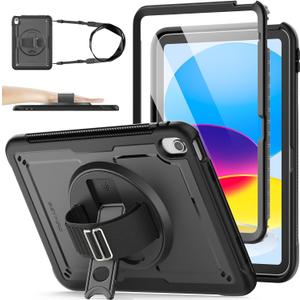 SEYMAC stock Case for iPad A16 11-inch Case 2025/ for iPad 11th/ 10th Generation 10.9'' 2022, Protective with Screen Protector, Pen Holder, Rotate Stand, Loop Nylon Hand Strap, Shoulder Strap, Black
