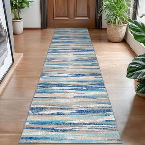 Modern Abstract Hallway Runner Rug, Blue Washable Kitchen Runner Non-Slip Soft 2x8 Runner Rug Thin Print Faux Wool Carpet for Entryway Bedroom Laundry Room Indoor (Blue Aqua/Beige Taupe Multi)