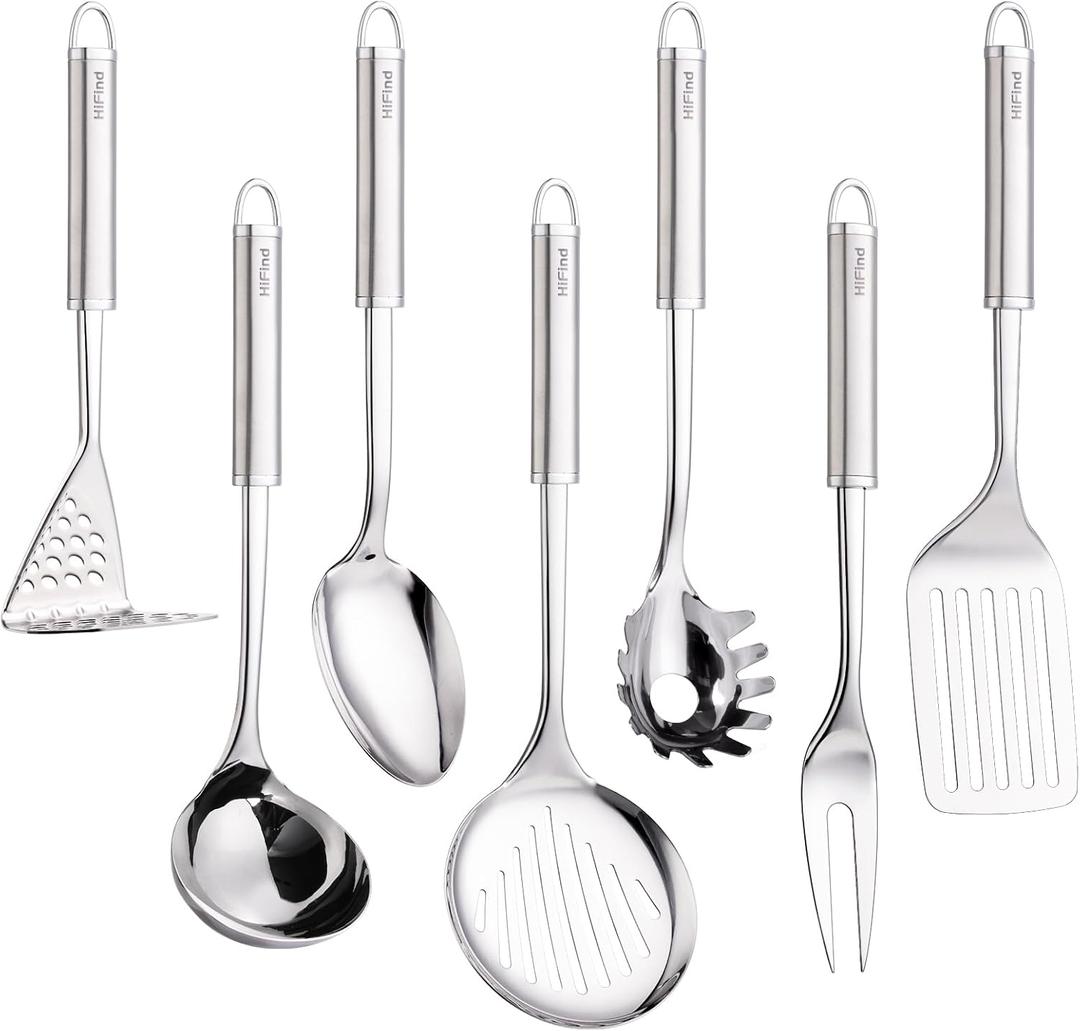 HIFIND Stainless Steel Cooking Utensils 7PCS Kitchen Utensils Set, Heat Resistant Handle Utensils Set Included Ladle, Meat Fork, Slotted Spatula, Pasta Fork, Masher, Solid Spoon, Skimmer Spoon