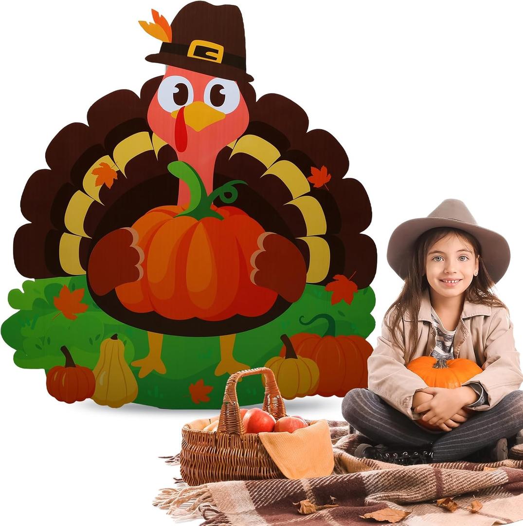 Chunful 4 ft Thanksgiving Turkey Pumpkin Cardboard Cutout Stand up Life Size Fall Autumn Harvest Thanksgiving Sport Theme Party Decoration Backdrop Photo Props Turkey Standup for Party Supply