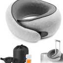 Travel Neck Pillow with 100% Pure Memory Foam, G-Shape, Includes Eye Mask & Ear Plugs, Ergonomic Design for Airplane, Car & Office, etc, Beige Gray