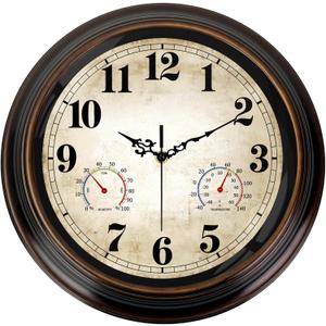 Vintage Wall Clock 16 Inch Quartz Silent Non-Ticking Analog Clock with Thermometer and Hygrometer, Battery Operated Rustic Round Decorative Clock for Living Room Home Office Classroom