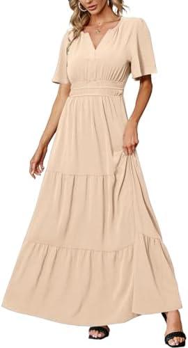 Amegoya Women's Summer Boho Maxi Dresses Casual V Neck Short Sleeve A-line Empire Waist Long Flowy Beach Dress size L