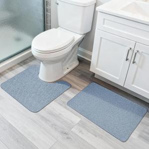 Bathroom Rugs Set 2 Pieces,Thin Bathroom Mats,Toilet Rugs,Quick Dry,Non-Slip,Machine Washable,Low Pile,Absorbent Bath Mats,Shower,Sink,Home Decor Accessories.Blue,1'5"x2'3"+1'8"x2" U Shape