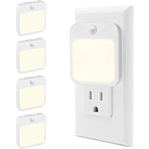 Plug-in Night Light with Motion Sensor, Dusk-to-Dawn Light Sensor, Stepless Dimming LED Night Lights for Bedroom, Hallway, Bathroom, Kids Room, Energy Efficient, 4-Pack