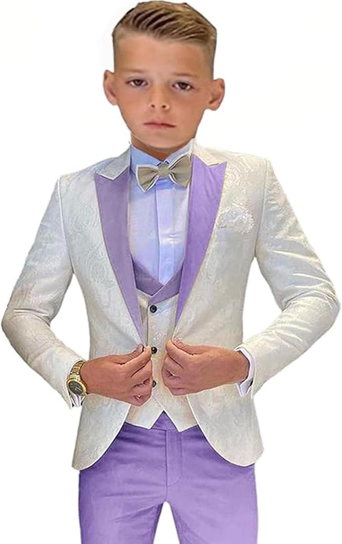 SAROULU Boys Formal Suit Wedding Tuxedo 3 Pieces Floral Jacket Pants Vest Kids Party Blazer (Purple) Size 10