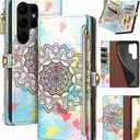 XcaseBar for Samsung Galaxy S23 Ultra Wallet case with Zipper Credit Card HolderRFID Blocking,Flip Folio Book PU Leather Phone Cases Shockproof Cover Men Women for Samsung S23Ultra case Mandala (Printing, Baby Blue-Printing)