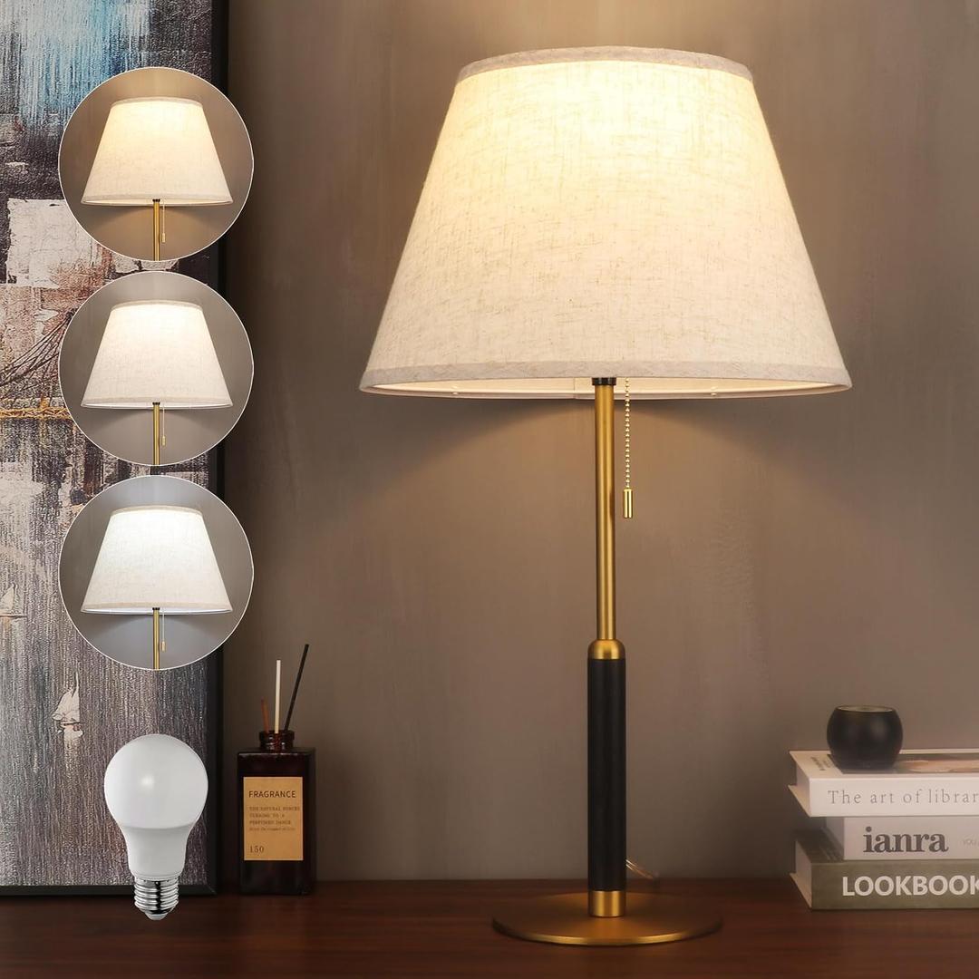 26.4" Mid Century Living Room Modern Table Lamp with Pull Chain Switch, Bedside Lamps for Bedroom 3-Color Light, Wood/Metal/Fabric Nightstand Lamp for Home/Office/Desk (Light Brown+Brass)