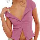 ZAFUL Women's Short Sleeve Shirt Crew Neck Button Down Cardigan T-Shirt Slim Fit Y2K Going Out Casual Fashion Tops (Pink)