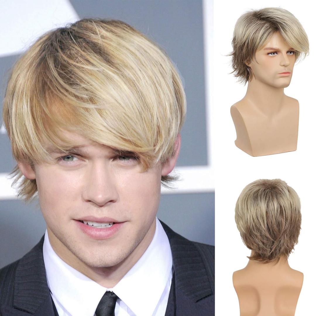 Mens Blonde Wig Short Layered Natural Synthetic Heat Resistant Wigs Halloween Cosplay Costume Halloween Wig