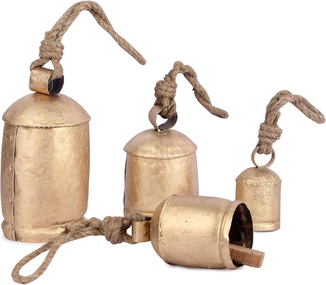 Set of 4 Rustic Cow Bells, Vintage Gold Christmas Large Bells with Jute Rope, Door Hanging Iron Wind Chime Cowbells for Home Decor, Outdoor and Wall Decor (Design 03)