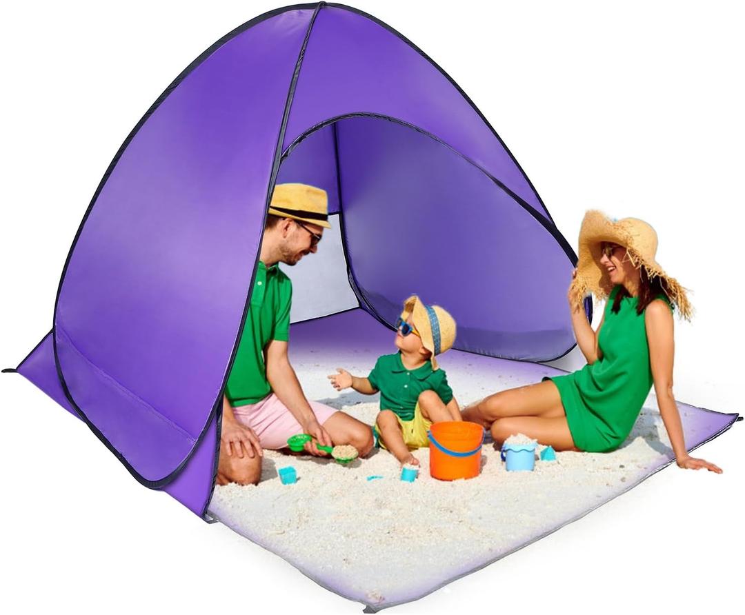 Beach Tent Pop Up Beach Tent Canopy Sun Shade Shelter Anti-UV Automatic Waterproof (Large, Purple)