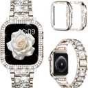 Mosonio Compatible with Apple Watch Band 38mm 40mm 41mm 42mm 44mm 45mm 46mm 49mm with 2 Pack Case Women, Jewelry Replacement Metal Bands Strap with Bling PC Protective Case for iWatch Ultra SE Series 11/10/9/8/7/6/5/4/3/2/1 (Champagne)