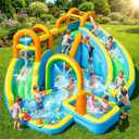 FINCOME Inflatable Water Slide, Bounce House with 2 Slide for Kids, Inflatable Waterslide Park with Splash Pool, Basketball Hoop, Ball Shooting & Water Cannon for Backyard, Outdoor, Indoor