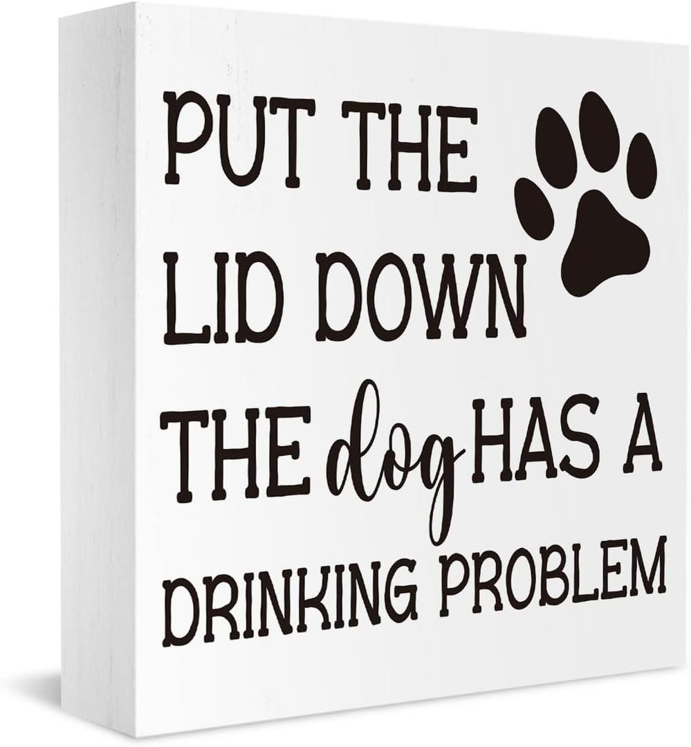 Funny Decorations Put the Lid Down the Dog Has a Drinking Sign Decor Wooden Box Block Plaque Wood Products Sign for Desk Table Tabletop Decor 5 x 5 inches Tub2504