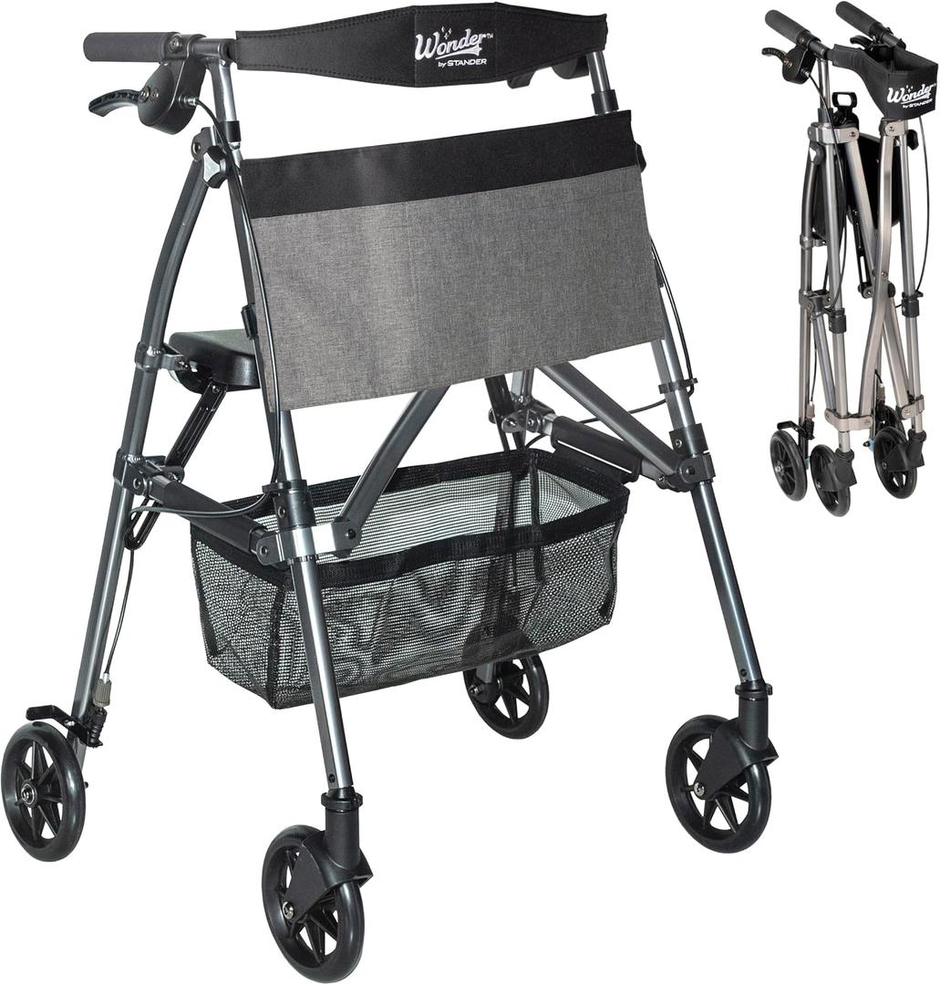 Stander Wonder Rollator Plus, Lightweight Folding Mobility Rolling-Walker, EZ Fold-N-Go-Rollator for Seniors and Adults, 6-inch Wheels, Locking Brakes and Padded Seat with Backrest, Black Walnut