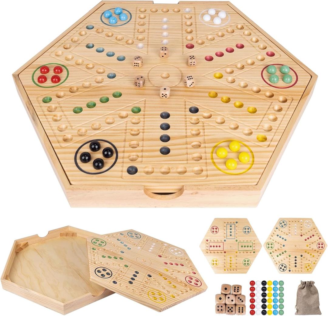 20 inch Wahoo Board Game,2 in 1 Marble Board Game with Storage Function,Wooden Fast Track Game Suitable for 4 or 6 Players,with 36 Glass Marbles,8 Dice,Storage Bag and Instruction Manual