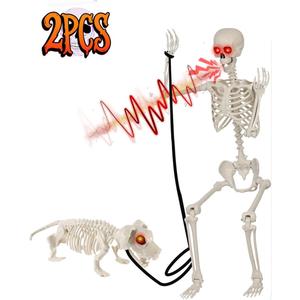 5.4Ft Halloween Skeleton with Skeleton Dog - Life Size Skeleton with Glowing Eyes Scary Creepy Sound Movable Joints Full Size Posable Skeleton Decor Halloween Decorations Outdoor Indoor