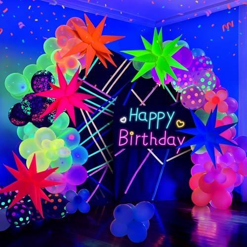 GYIPFIPA UV Neon Balloons, Glow in the Dark Party Supplies Neon Foil Explosion Star Balloon Kit Cone Balloons Glow in the Dark Birthday Decorations for Blacklight Party Decoration
