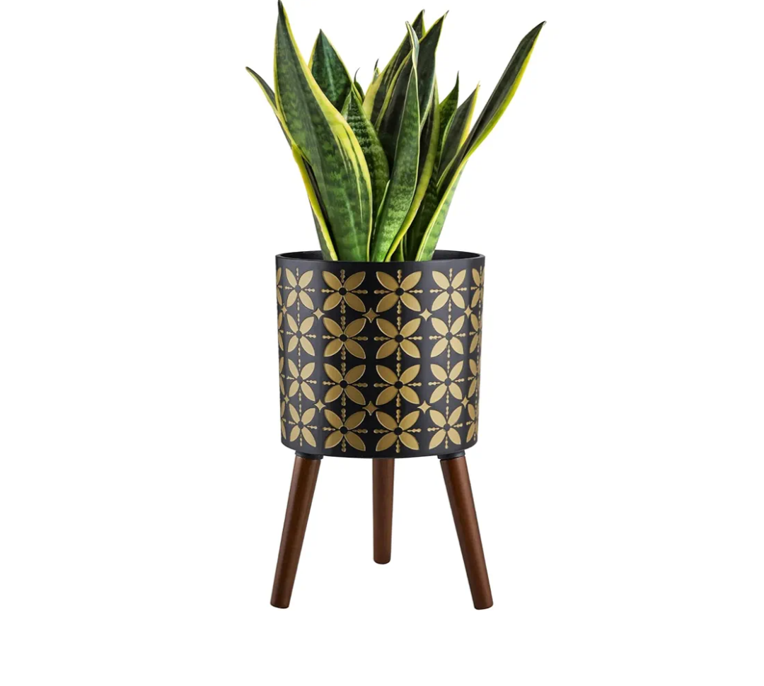 12 Inch Planter Pot with Stand, Planter for Indoor Plants, Drainage Holes and Rubber Plug, Modern Mid-Century Flower Planter Pot for Home Garden Patio, Black and Gold