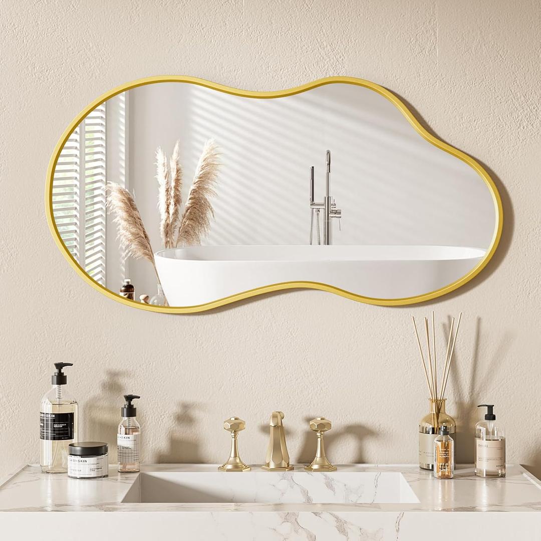 48x 27 Gold Irregular Wall Mirror, Aluminum Framed Asymmetrical Mirrors, Large Bathroom Vanity Mirror,Tempered Glass, Decorative for Wall, Bathroom Living Room Bedroom Entry Way