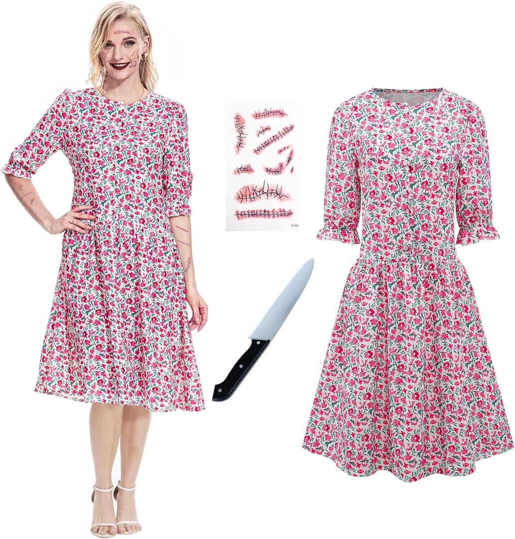 Barbara Dress Costume Lydia's Floral Print Dress Womens Halloween Cosplay Outfit (Pink)