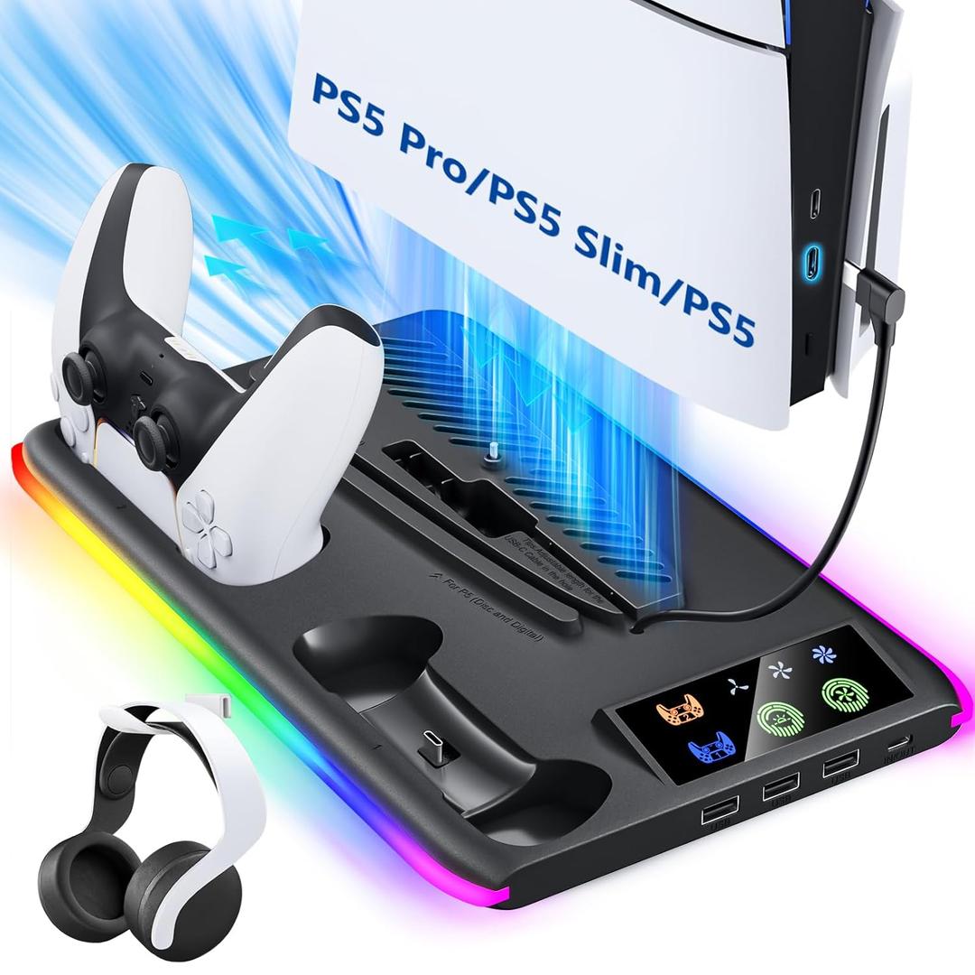 BRHE PS5/Slim/Pro Cooling & Charging Station with Cooling Fan,PS5/Slim/Pro Stand for Disc & Digital Console,PS5 Controller Charger,PS5 Accessories with 3 Charging Ports,Headset Holder (Black)