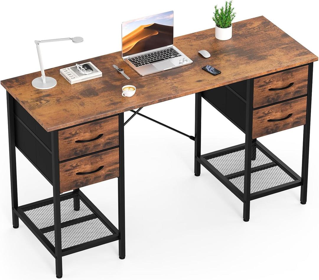 Sweetcrispy Computer Desk with Drawers, 55 Inch Home Office Bedroom Table with 4 Fabric Drawers & 2 Mesh Storage Shelves, Wood Table with X-Shaped Structure for Writing Study PC Desk, Brown