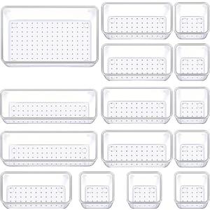 Manalete Drawer Organizers Set of 15, 4 Sizes Clear Plastic Drawer Organizers and Storage Bins for Kitchen, Bathroom, Office, Dresser Desk Drawer Organizer Tray for Jewelry, Makeup, Junk, Gadgets
