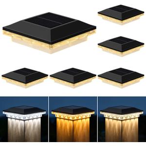 Brightever 4x4 Solar Post Cap Lights Outdoor with 3 Lighting Modes, 6-Pack Solar Powered Fence Post Lights Waterproof Fits Wooden/Vinyl Posts, Solar Deck Post Lights for Garden Patio Porch, Black