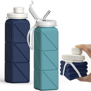 BEAUTAIL Collapsible Water Bottles 20.6oz 2 Pack, Silicone Foldable Portable Water Bottle, BPA-Free, Leakproof Reusable for Travel Camping Hiking Cycling Yoga Sports Outdoor (Blue+DarkBlue)
