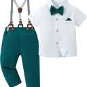 DISAUR Baby Boy Clothes Suits Toddler Dress Shirt With Bowtie Suspender Pants Outfit Sets Gentleman Wedding (18-24 Months, Z Lake Green 1)