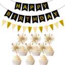Black Gold Happy Birthday Banner - 20PCS Gold Fireworks Shape Cupcake Decoration Sparkling Party Decoration for Children or Adults Birthday Party Or Celebration