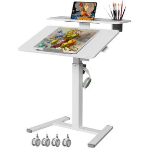 28Inch Mobile Standing Desk On Wheels Rolling Laptop Stand with Tiltable Desktop Small Computer Workstation Adjustable Height 2-Tier Portable Study Table with Storage Shelves White