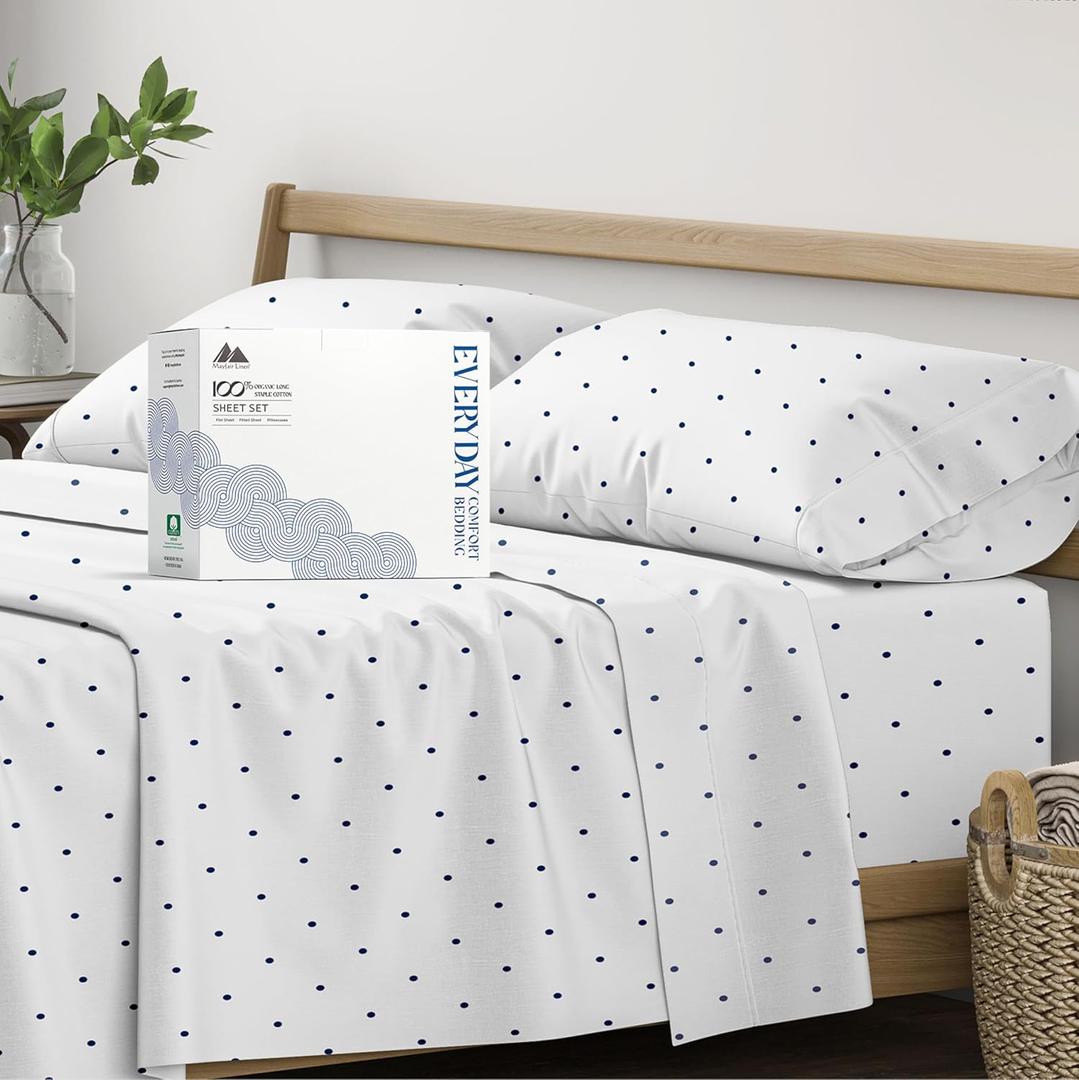 Mayfair Linen 100% Organic Cotton Printed Sheets California King Size - 4 PC Organic Cotton Cal King Percale Weave Sheet Set, Soft, Cooling & Crisp, 16" Deep Pocket Bedding Set - Polka Dot - Navy