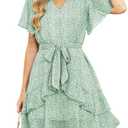 CiCiBird Womens Summer Dresses V Neck Ruffle Short Sleeve Flowy Beach Vacation Wedding Guest Dress Green Floral S (Green)