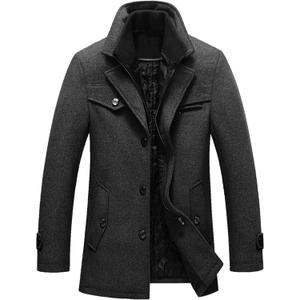 Tebreux Men's Winter Pea Coat Slim Fit Single Breasted Short Wool Jacket Woolen Trench Coat (Gray, XL)