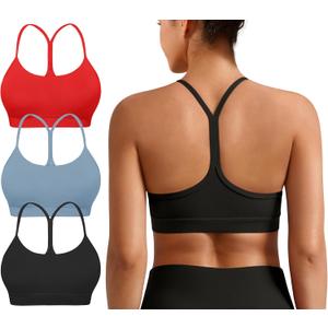 Padded Y-Back Sports Bra for Women - Racerback Low ImpactYoga Workout Top with Spaghetti Strap Pack of 3 (Black, L)